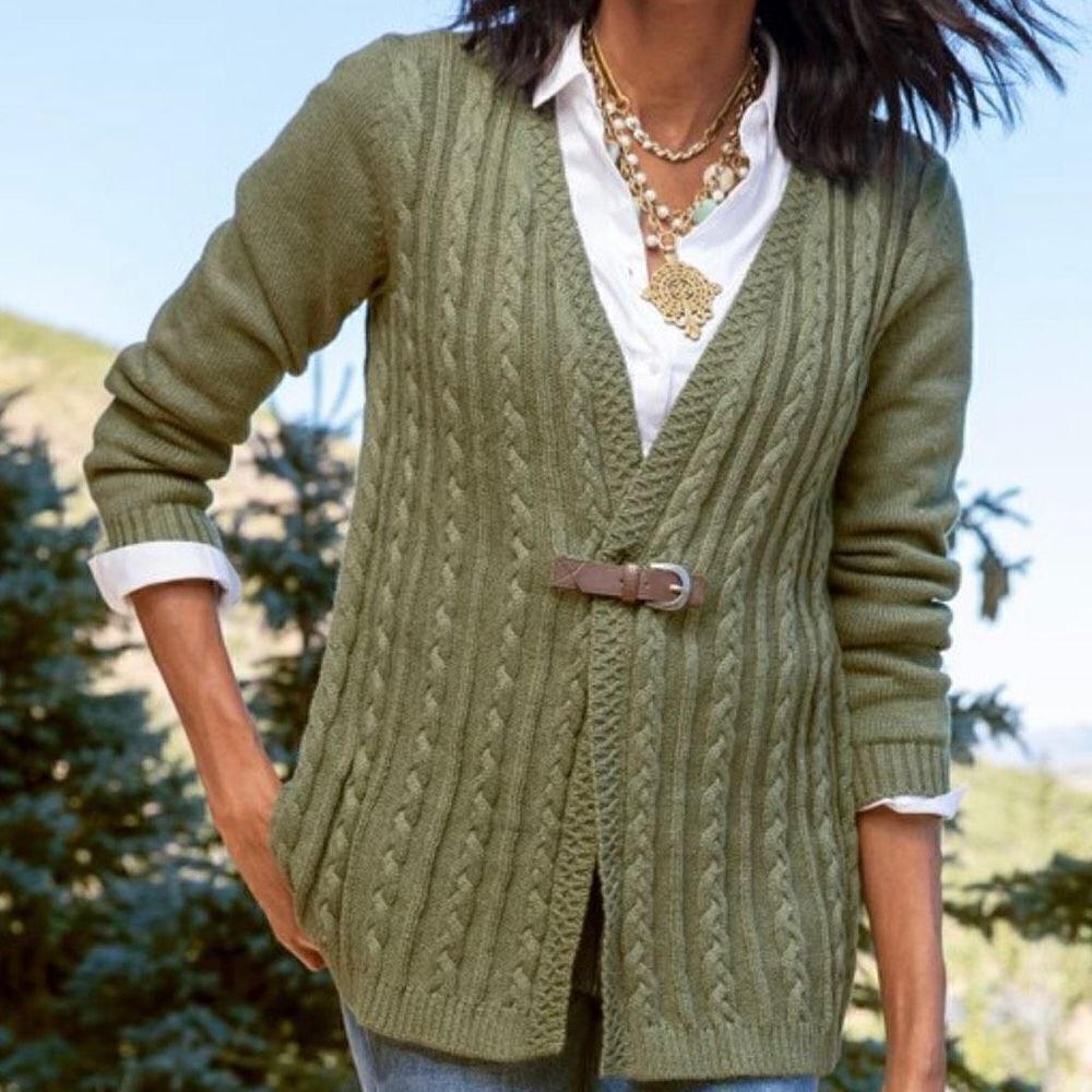 Soft Surroundings Wren‎ Cable Knit Cardigan Sweater Buckle Green Women Small